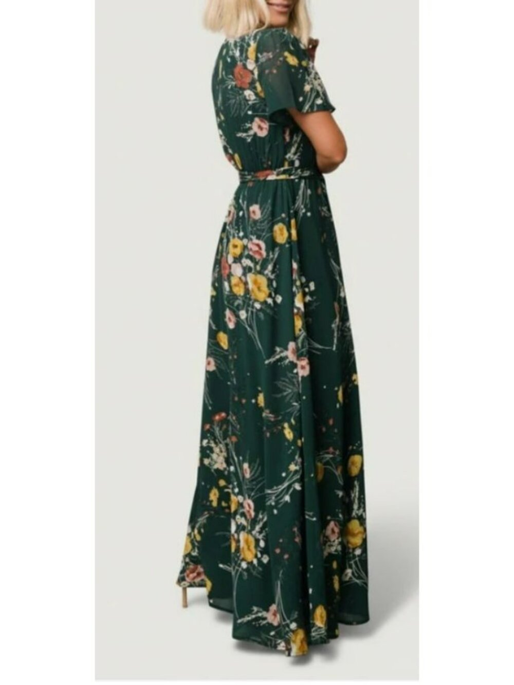 Baltic Born Green Floral Maxi Dress With Short Flutter Sleeve & Tie Waist Size L - Picture 7 of 15
